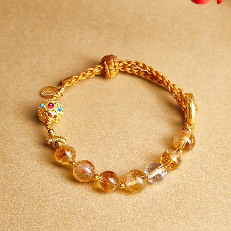 925 Sterling Silver Natural Citrine White Crystal Peace Buckle Meaning Fu Character Protection Braided String Bracelet - Image 4