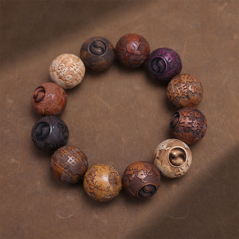 Carving Sandalwood Chinese Zodiac Auspicious Dragon Phoenix Fu Character Healing Bracelet