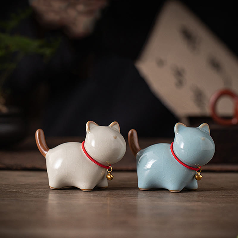 Mini Lucky Cute Standing Cat Red Rope Bell Ceramic Figurine Decoration