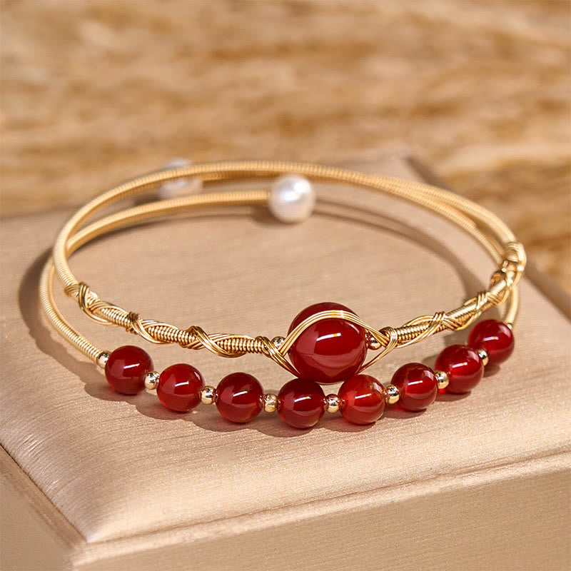 14K Gold Filled Copper Natural Red Agate Beads Confidence Metal Cuff Bracelet Bangle