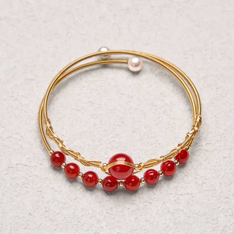 14K Gold Filled Copper Natural Red Agate Beads Confidence Metal Cuff Bracelet Bangle - Image 4