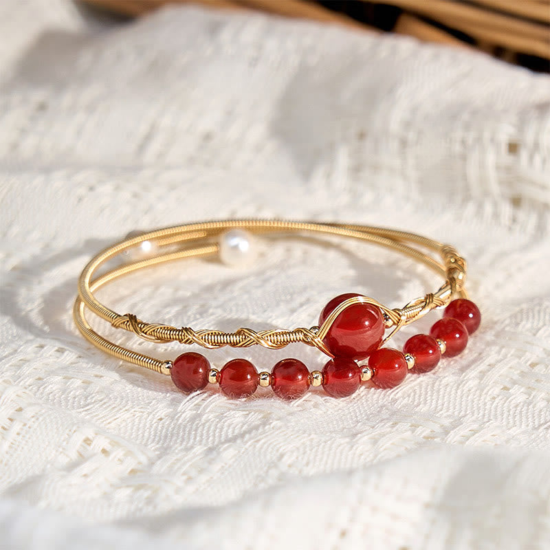 14K Gold Filled Copper Natural Red Agate Beads Confidence Metal Cuff Bracelet Bangle - Image 3