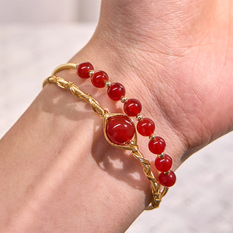 14K Gold Filled Copper Natural Red Agate Beads Confidence Metal Cuff Bracelet Bangle - Image 5