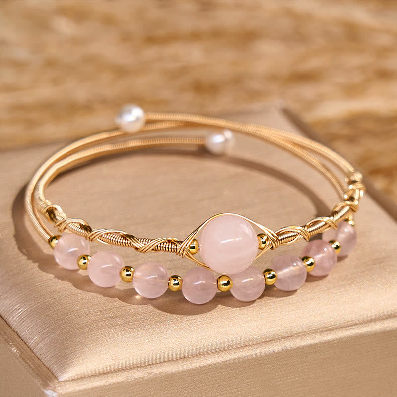 Natural Rose Quartz Love Healing Metal Cuff Bracelet Bangle