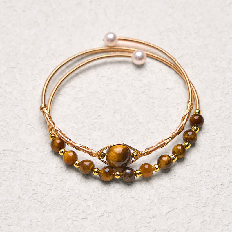 14K Gold Filled Copper Natural Tiger Eye Protection Metal Cuff Bracelet Bangle - Image 4