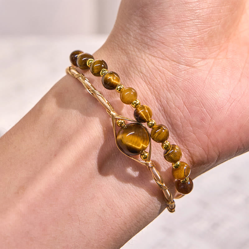 14K Gold Filled Copper Natural Tiger Eye Protection Metal Cuff Bracelet Bangle - Image 5