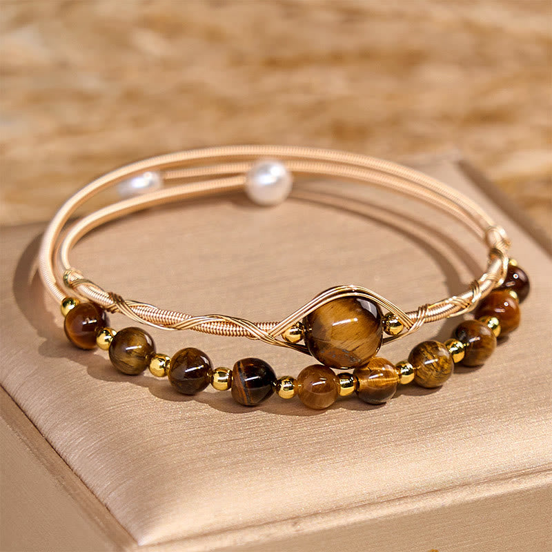 14K Gold Filled Copper Natural Tiger Eye Protection Metal Cuff Bracelet Bangle