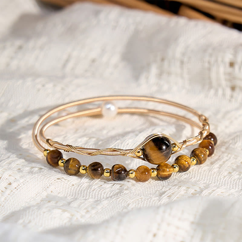 14K Gold Filled Copper Natural Tiger Eye Protection Metal Cuff Bracelet Bangle - Image 3