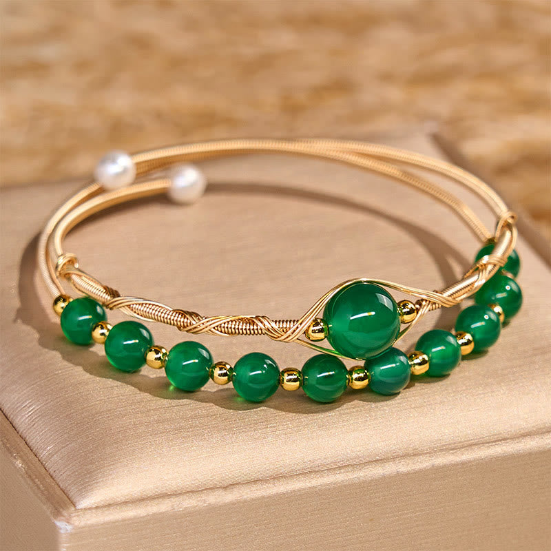 14K Gold Filled Copper Natural Green Agate Power Metal Cuff Bracelet Bangle