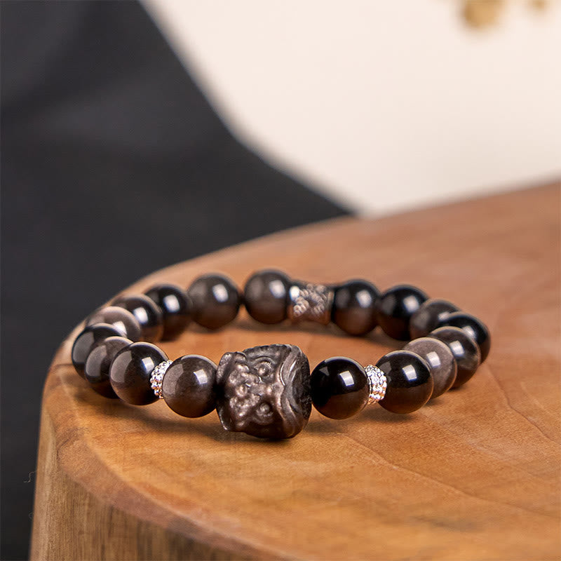 Natural Silver Sheen Obsidian Lion Dance Protection Bracelet