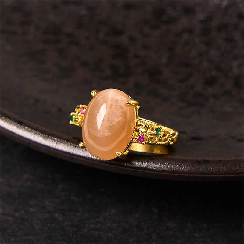 Hollow Vine Design Peach Moonstone Adjustable Happiness Ring