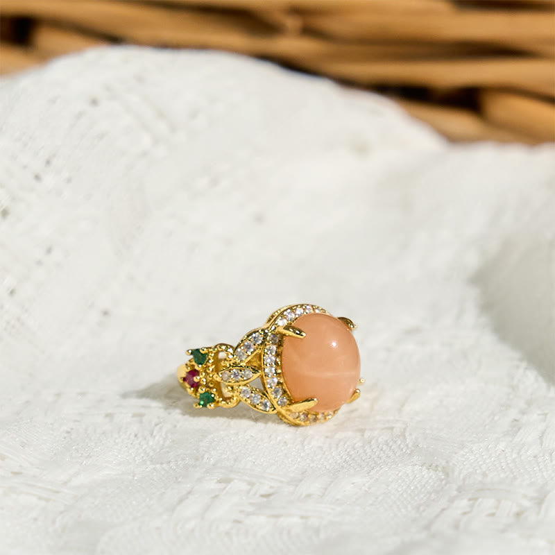 Vintage Prong Setting Four Leaf Flower Design Peach Moonstone Adjustable Soothing Ring - Image 3