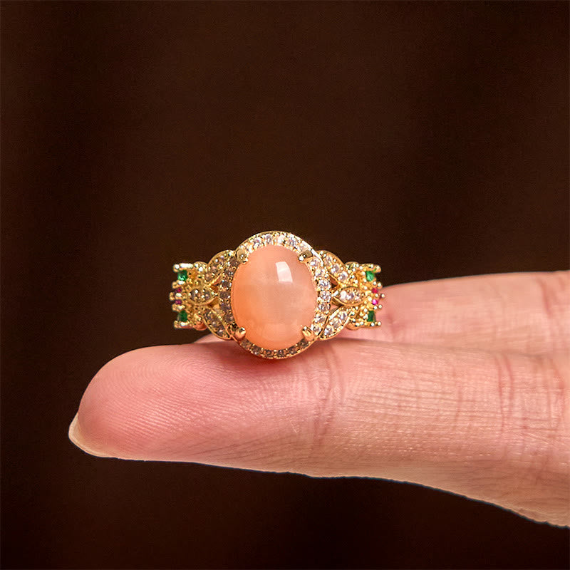 Vintage Prong Setting Four Leaf Flower Design Peach Moonstone Adjustable Soothing Ring - Image 4