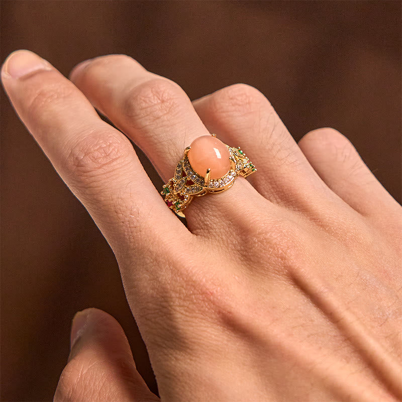 Vintage Prong Setting Four Leaf Flower Design Peach Moonstone Adjustable Soothing Ring - Image 5