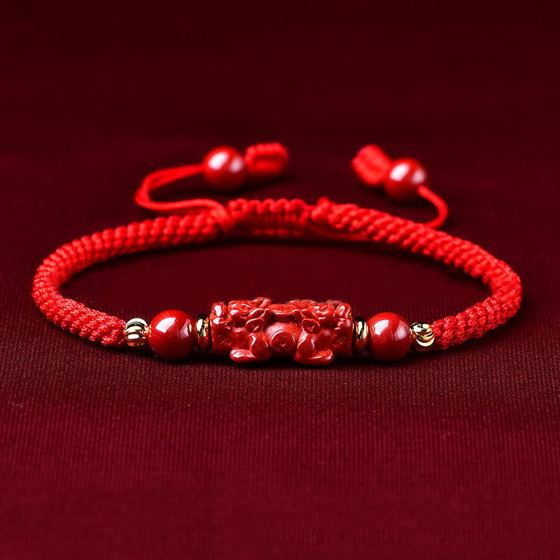 Handcrafted Pixiu Cinnabar Ruyi Stick Wealth Luck Braided Bracelet