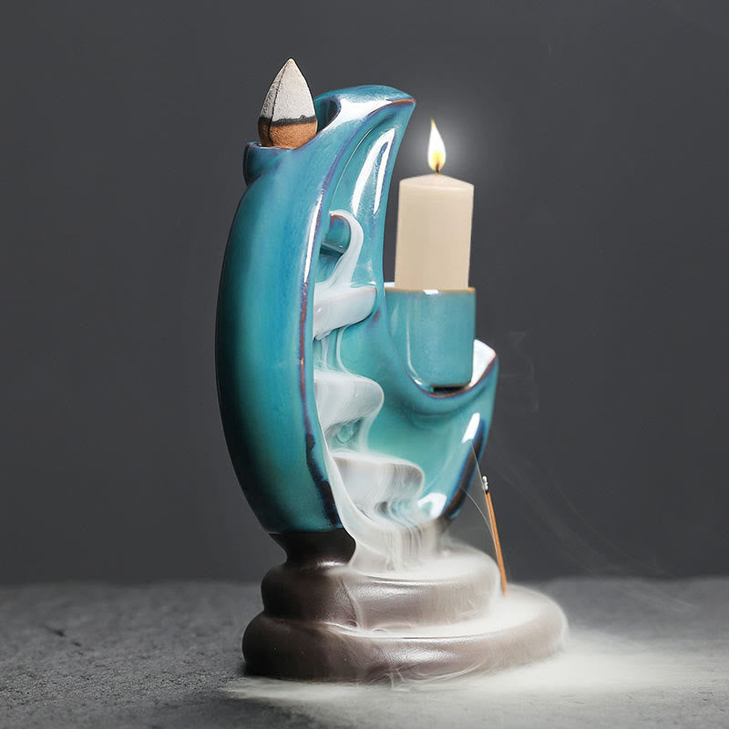Blue Crescent Moon Ceramic Backflow Smoke Fountain Meditation Candlestick Incense Burner Decoration - Image 4