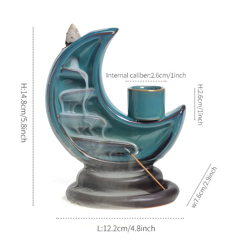 Blue Crescent Moon Ceramic Backflow Smoke Fountain Meditation Candlestick Incense Burner Decoration - Image 6