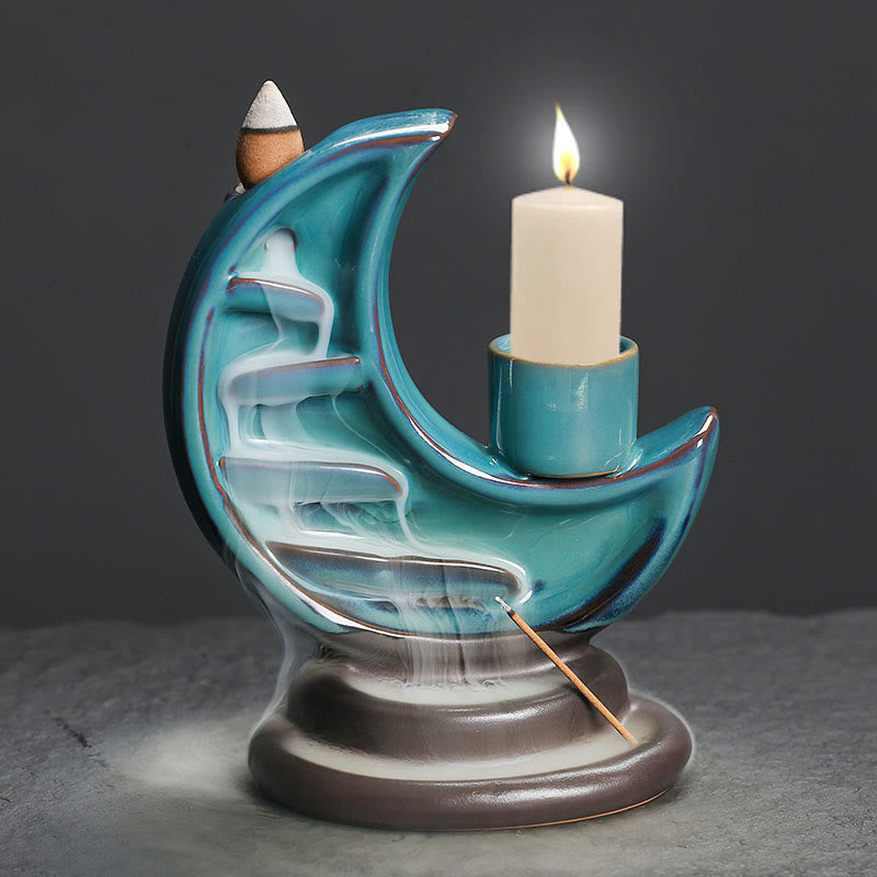 Blue Crescent Moon Ceramic Backflow Smoke Fountain Meditation Candlestick Incense Burner Decoration - Image 8