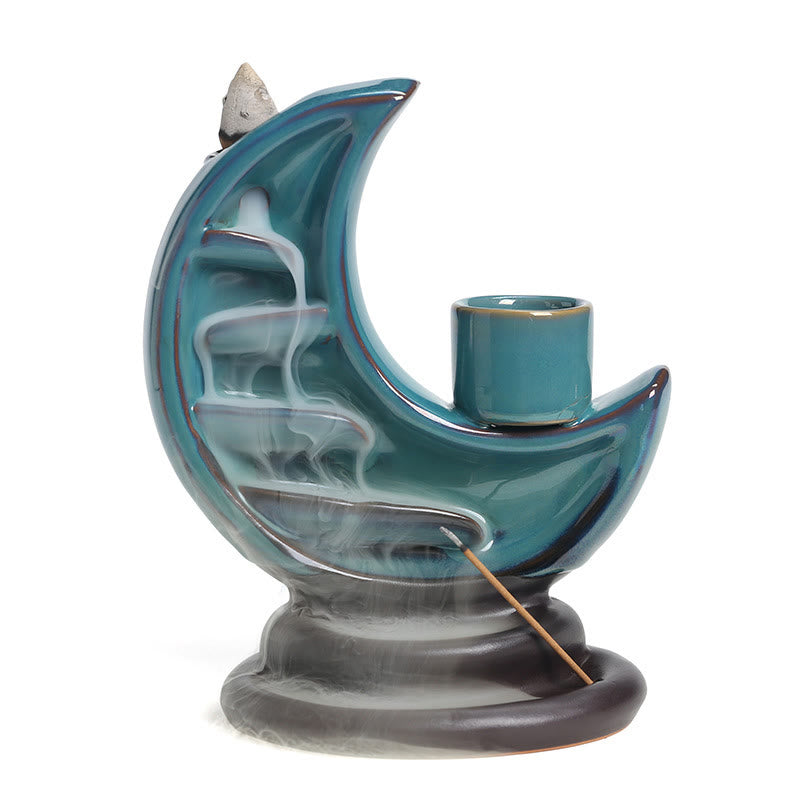 Blue Crescent Moon Ceramic Backflow Smoke Fountain Meditation Candlestick Incense Burner Decoration - Image 17