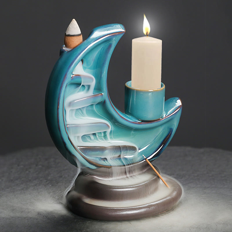 Blue Crescent Moon Ceramic Backflow Smoke Fountain Meditation Candlestick Incense Burner Decoration - Image 3