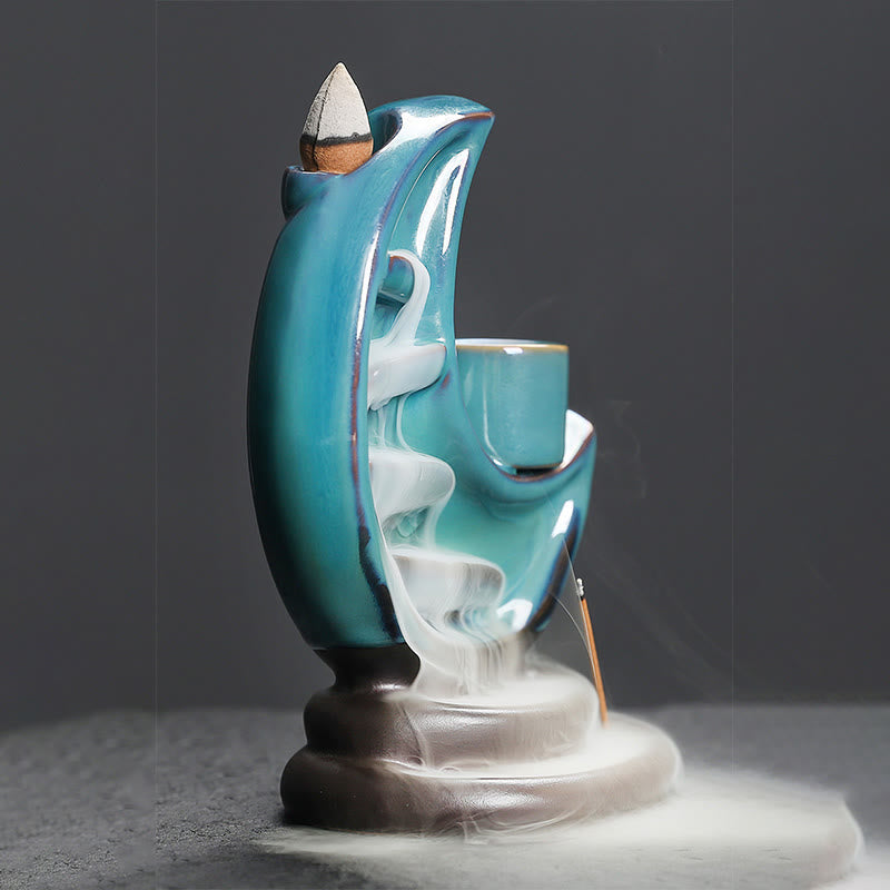Blue Crescent Moon Ceramic Backflow Smoke Fountain Meditation Candlestick Incense Burner Decoration - Image 9