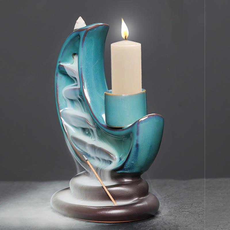 Blue Crescent Moon Ceramic Backflow Smoke Fountain Meditation Candlestick Incense Burner Decoration - Image 5