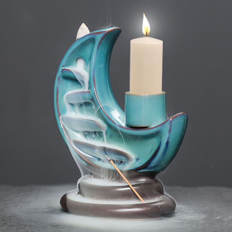 Blue Crescent Moon Ceramic Backflow Smoke Fountain Meditation Candlestick Incense Burner Decoration - Image 7