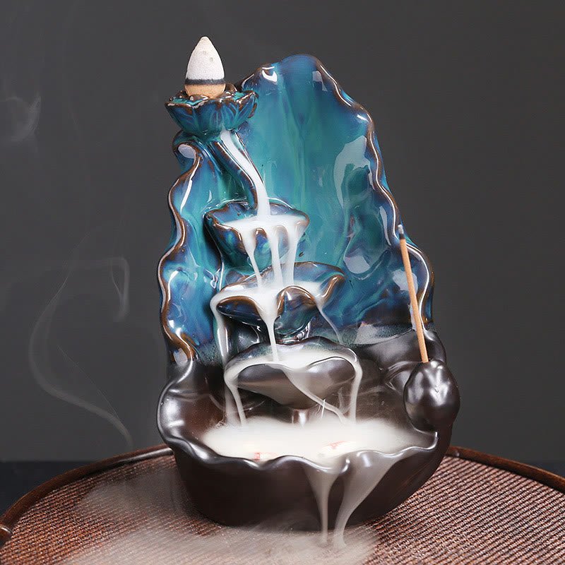 Blue Lotus Leaf Ceramic Backflow Smoke Fountain Spiritual Incense Burner Decoration