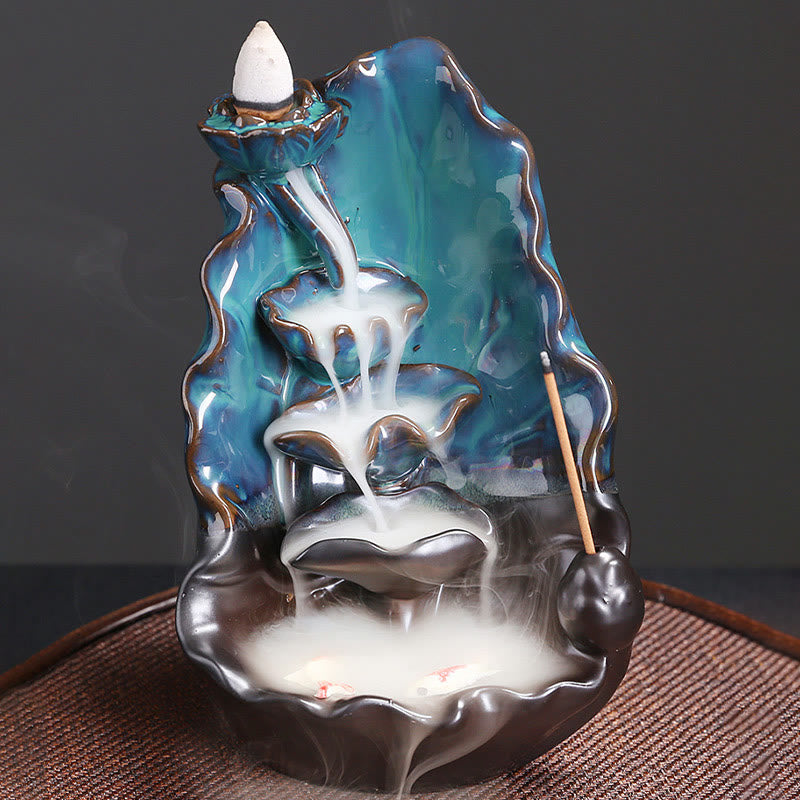 Blue Lotus Leaf Ceramic Backflow Smoke Fountain Spiritual Incense Burner Decoration - Image 6