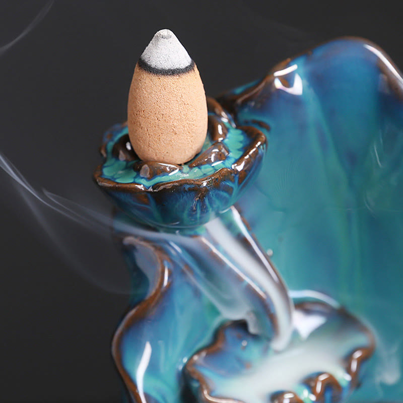Blue Lotus Leaf Ceramic Backflow Smoke Fountain Spiritual Incense Burner Decoration - Image 7