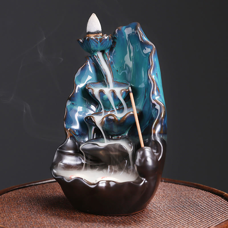 Blue Lotus Leaf Ceramic Backflow Smoke Fountain Spiritual Incense Burner Decoration - Image 3