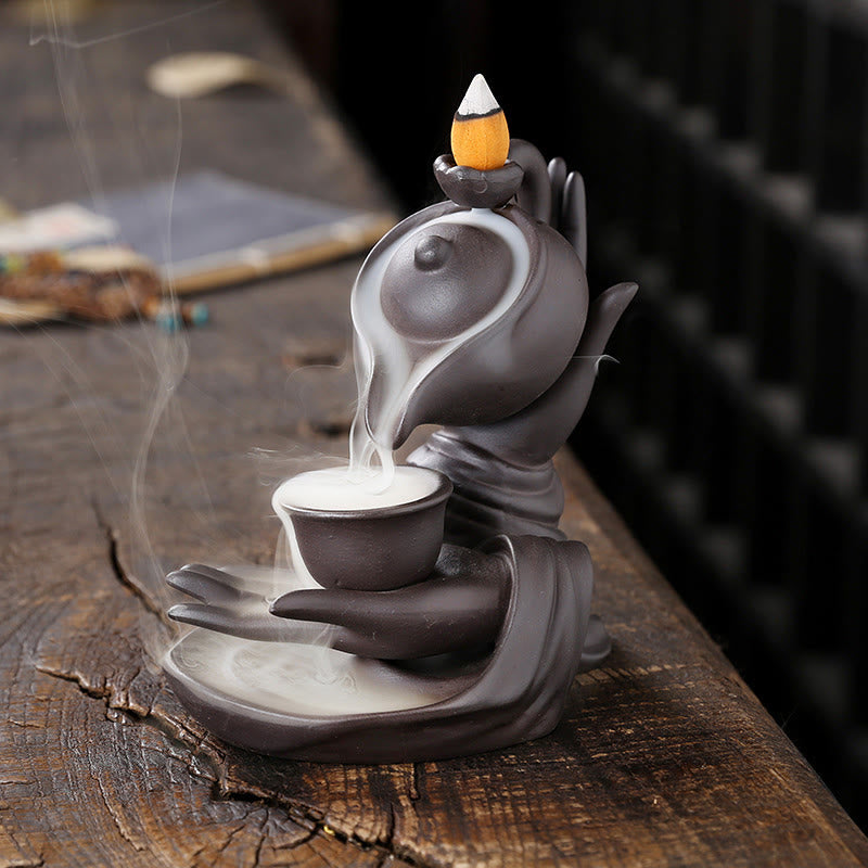Buddha Hand Holding Teapot Cup Ceramic Backflow Smoke Fountain Healing Incense Burner Decoration