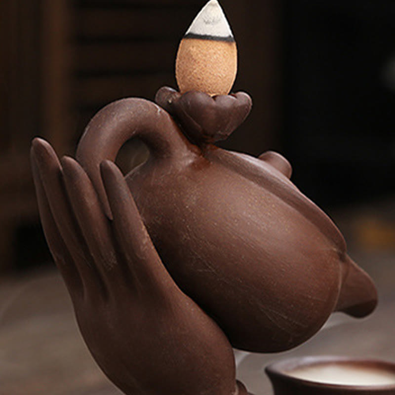Buddha Hand Holding Teapot Cup Ceramic Backflow Smoke Fountain Healing Incense Burner Decoration - Image 16