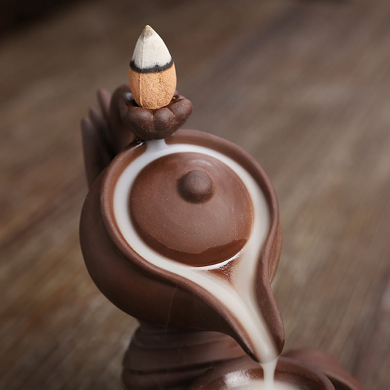 Buddha Hand Holding Teapot Cup Ceramic Backflow Smoke Fountain Healing Incense Burner Decoration - Image 17