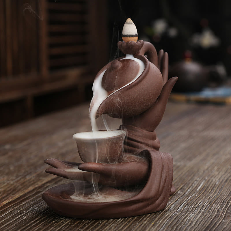 Buddha Hand Holding Teapot Cup Ceramic Backflow Smoke Fountain Healing Incense Burner Decoration - Image 12