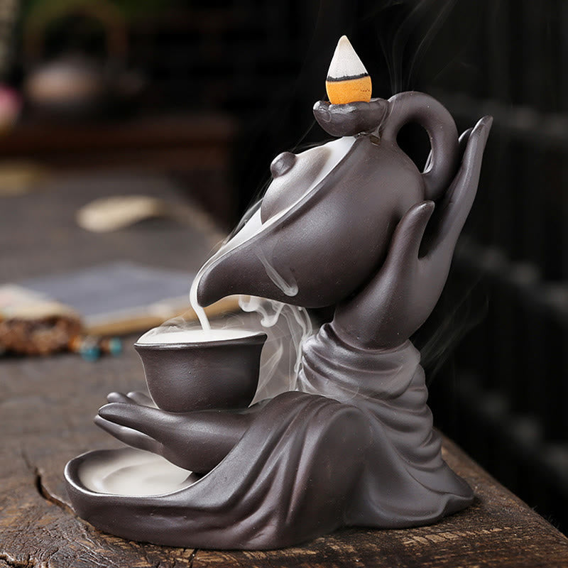 Buddha Hand Holding Teapot Cup Ceramic Backflow Smoke Fountain Healing Incense Burner Decoration - Image 3