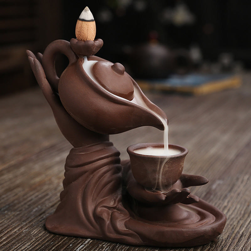 Buddha Hand Holding Teapot Cup Ceramic Backflow Smoke Fountain Healing Incense Burner Decoration - Image 14