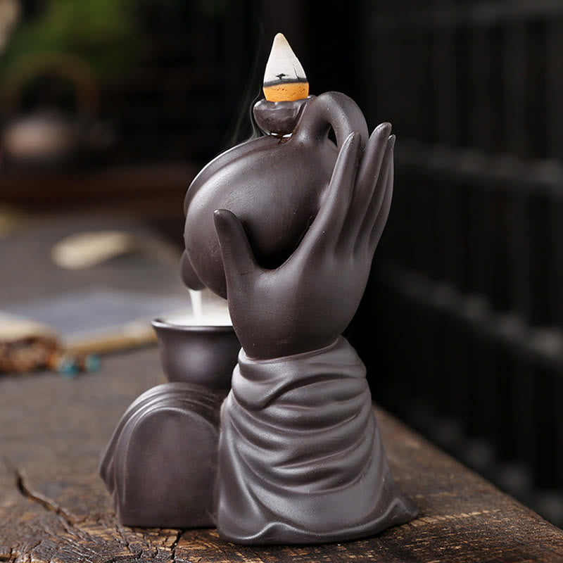 Buddha Hand Holding Teapot Cup Ceramic Backflow Smoke Fountain Healing Incense Burner Decoration - Image 4