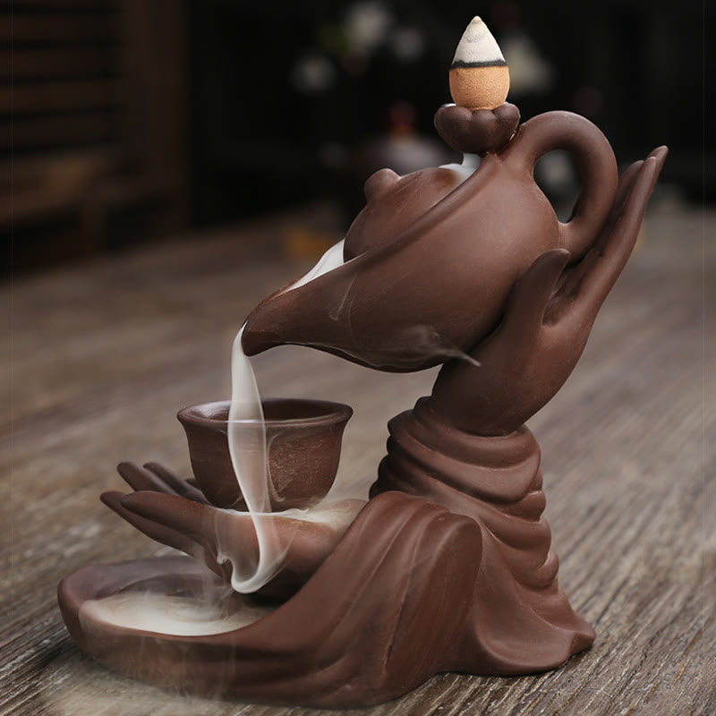 Buddha Hand Holding Teapot Cup Ceramic Backflow Smoke Fountain Healing Incense Burner Decoration - Image 13