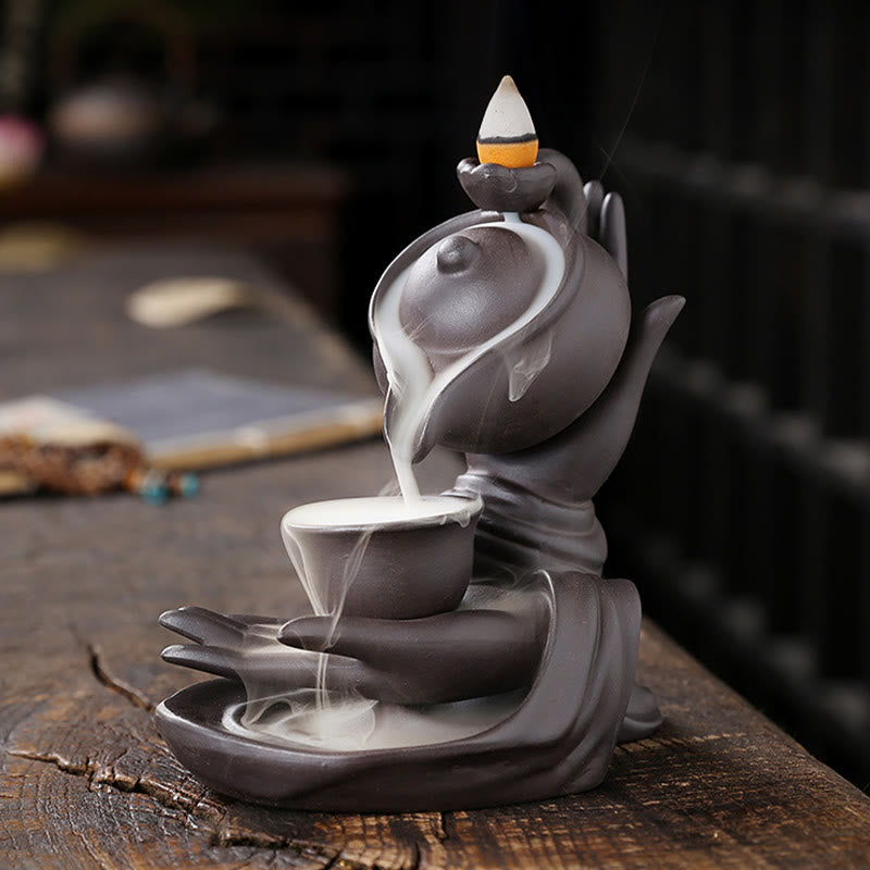 Buddha Hand Holding Teapot Cup Ceramic Backflow Smoke Fountain Healing Incense Burner Decoration - Image 5