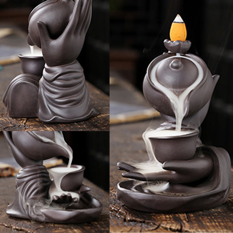 Buddha Hand Holding Teapot Cup Ceramic Backflow Smoke Fountain Healing Incense Burner Decoration - Image 9