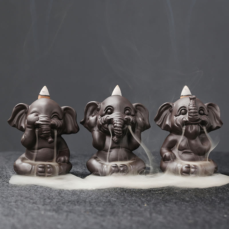 Cute Elephant Purple Clay Backflow Smoke Fountain Peace Healing Incense Burner Decoration