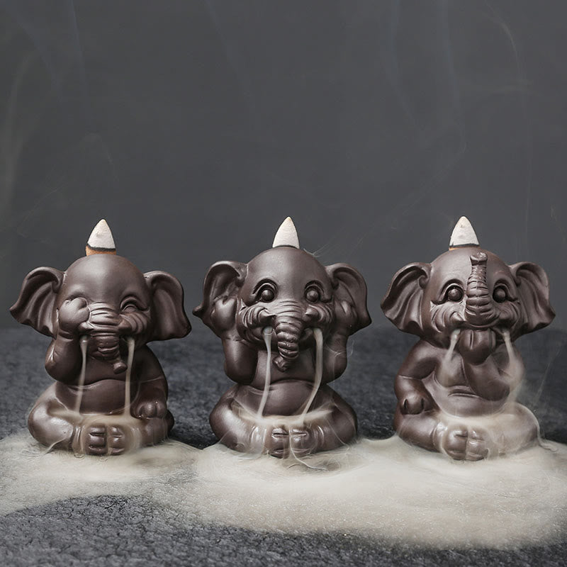 Cute Elephant Purple Clay Backflow Smoke Fountain Peace Healing Incense Burner Decoration - Image 3