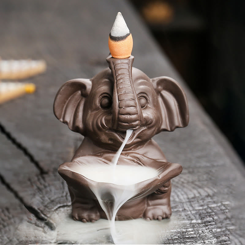 Little Elephant Holding Leaf Purple Clay Backflow Smoke Fountain Healing Incense Burner Decoration