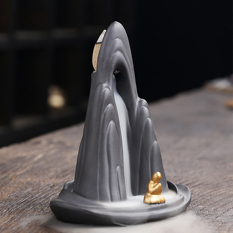 Little Monk Mountains Flowing Water Purple Clay Ceramic Healing Backflow Incense Burner Decoration - Image 8