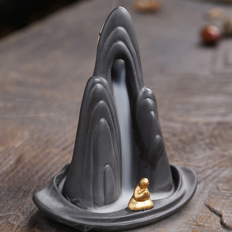 Little Monk Mountains Flowing Water Purple Clay Ceramic Healing Backflow Incense Burner Decoration - Image 5