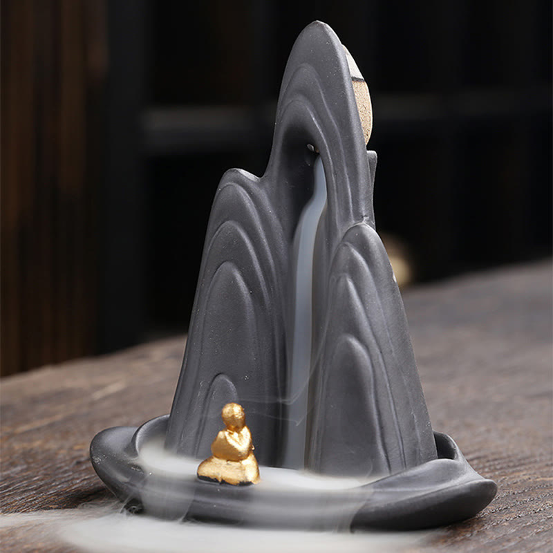 Little Monk Mountains Flowing Water Purple Clay Ceramic Healing Backflow Incense Burner Decoration - Image 6