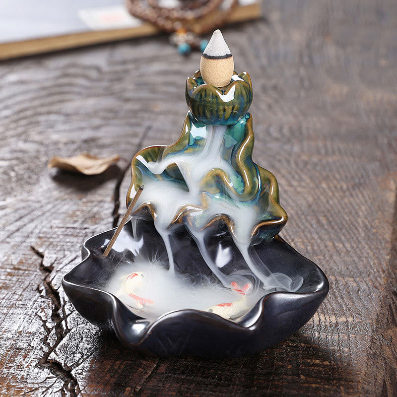 Lotus Leaf Koi Fish Ceramic Backflow Smoke Fountain Peace Incense Burner Decoration