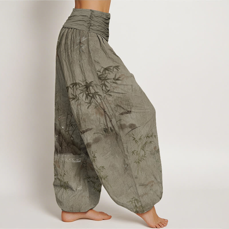 Casual Bamboo Rock Ink Painting Women's Elastic Waist Harem Pants - Image 6