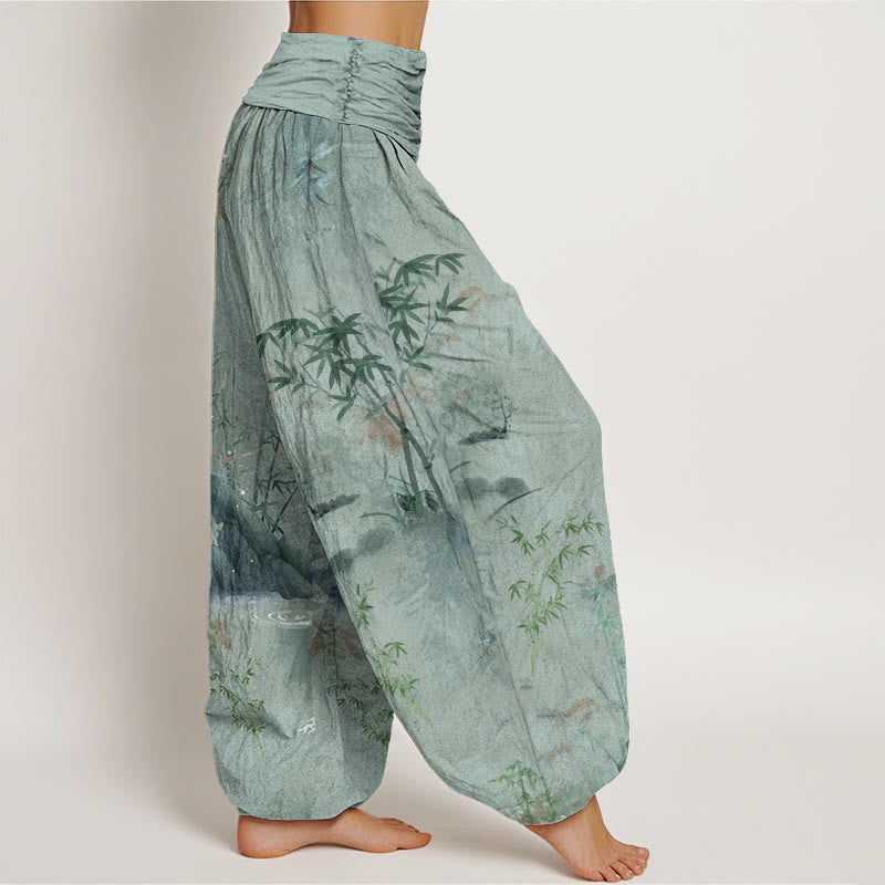 Casual Bamboo Rock Ink Painting Women's Elastic Waist Harem Pants - Image 9